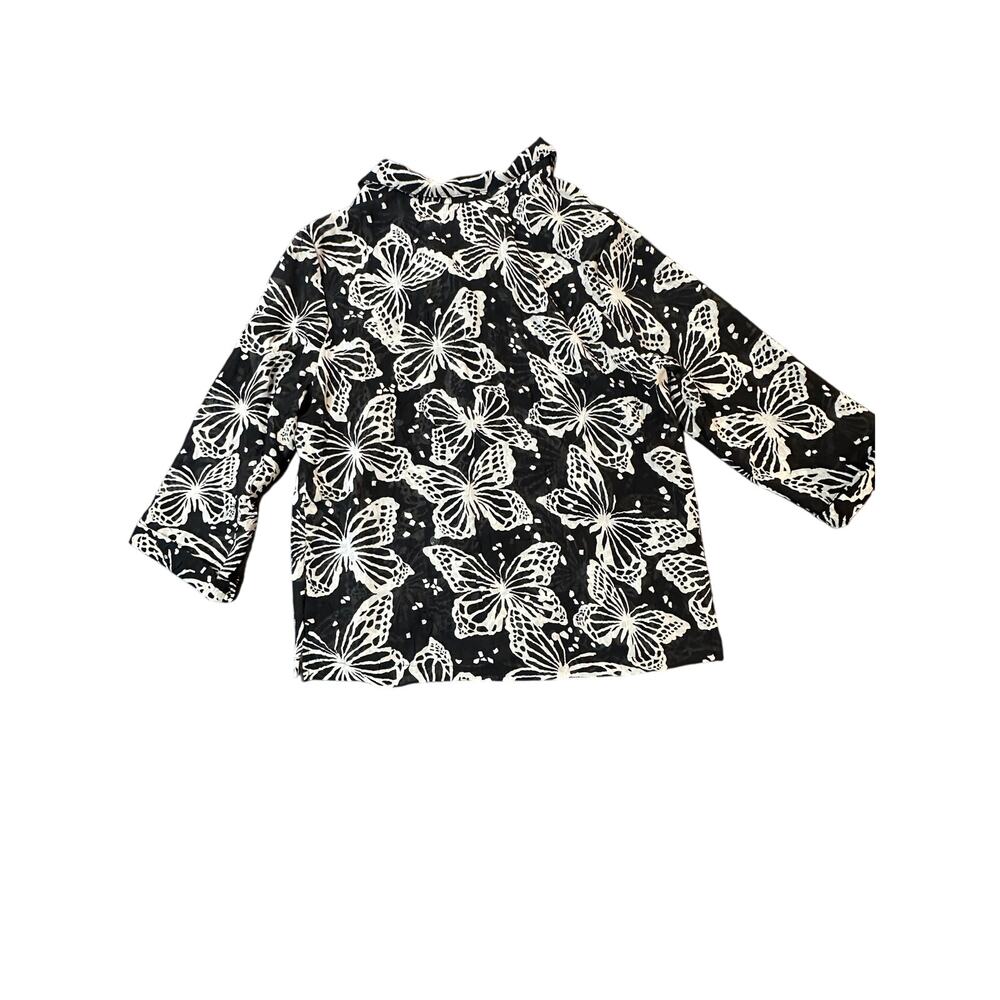 Cathy Daniels Black White Butterfly Blouse – Size L – Textured Button-Up Shirt - Picture 2 of 9